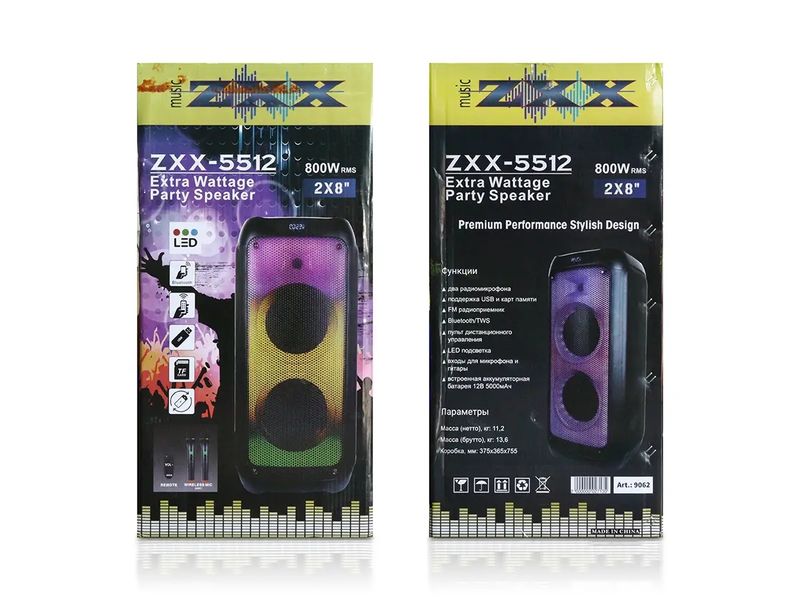 Акустична переносна колонка ZXX-5512 60Вт 8" 71х33х32см USB/TF/FM/BT/2MIC/ДК 1шт 9062 9062 фото