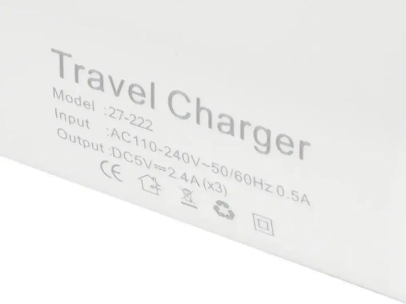 Зарядний пристрій 220В 2,4А USBx3 Travel Charger 27-222 500шт 7343 7343 фото