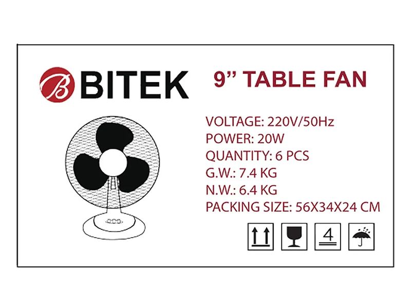 Вентилятор настольный BITEK 9" (23см) 110Вт 3 пласт. лоп. белый BT-1910 6шт 8087 8087 фото