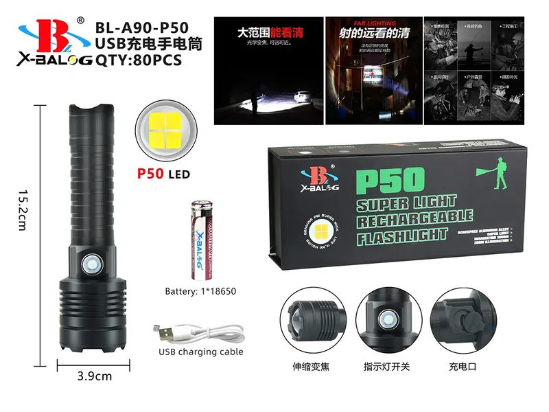 Ліхтар поліцейський micro USB Bailong 1х18650 BL-A90-P50 120шт 8772 8772 фото