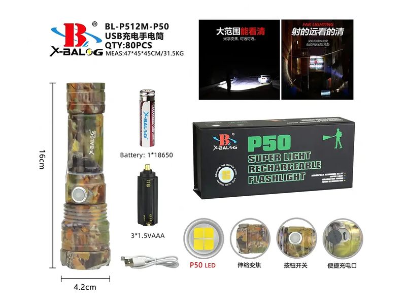 Ліхтар поліцейський micro USB Bailong 1х18650 BL-P512M-P50 120шт 8769 8769 фото