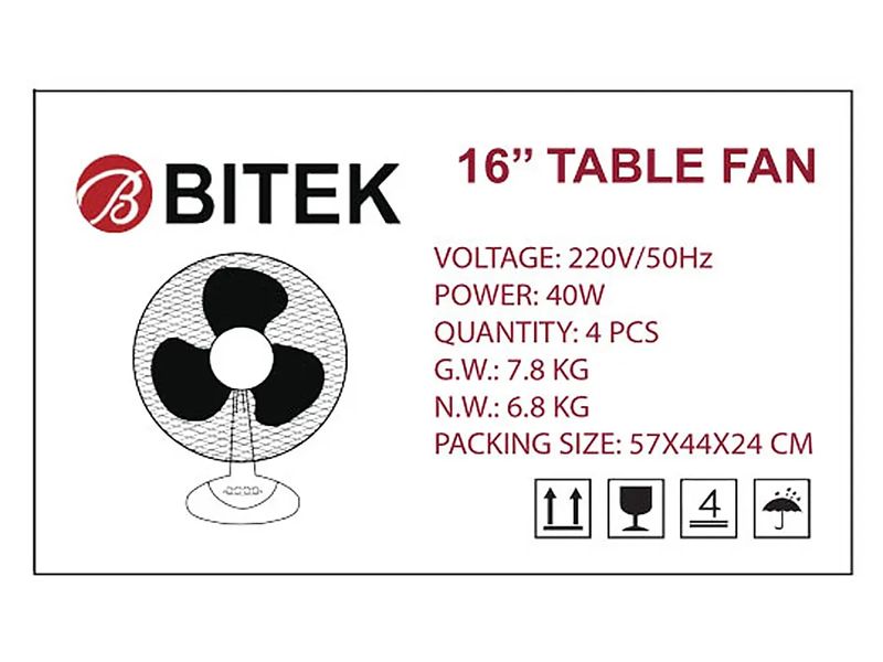 Вентилятор настольный BITEK 16" (40см) 110Вт 3 пласт. лоп. белый BT-1610 6шт 7083 7083 фото